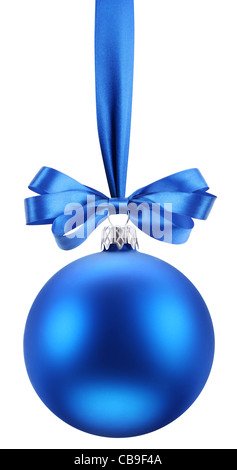 Christmas blue ball on the festive ribbon. This file contains the path to cut. Stock Photo