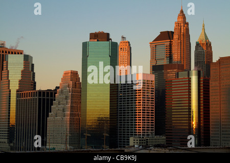 New York City, Manhattan, skyline during the beautiful colors of early morning sunrise, dawn. Stock Photo