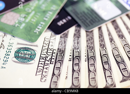 Credit cards on dollars macro Stock Photo