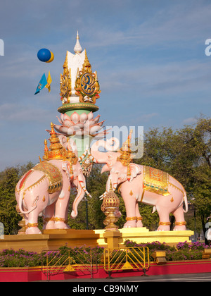 Street decoration in Bangkok with three Erawan three-headed elephants Stock Photo