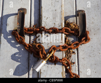 A lock and rusty chain on an old door Stock Photo