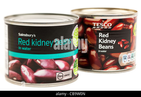 Tesco and Sainsburys tins of red kidney beans in water Stock Photo