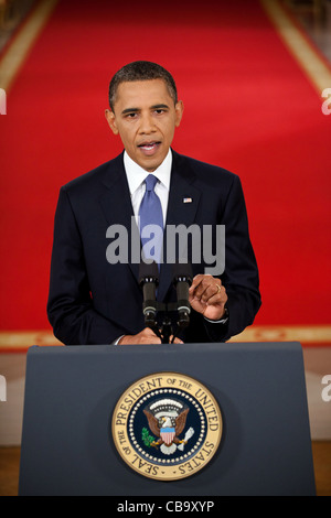 President Barack Obama addresses the nation from the East Room of the White House to lay out his plan for implementing the draw down of American troops from Afghanistan, June 22, 2011 in Washington, DC. Stock Photo