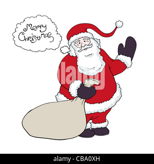 Santa Claus with a sack of gifts congratulations says in baloon. Vector illustration, eps8. Stock Photo