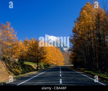 Mount Rausu and Autumn Leaves, Shari, Hokkaido, Japan Stock Photo