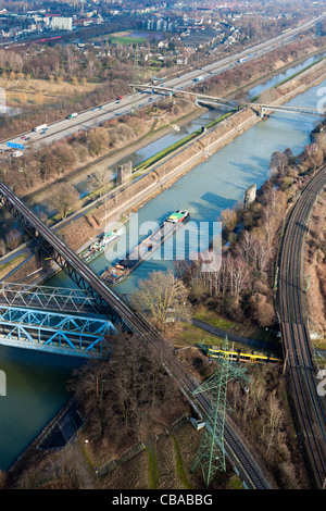 River Rhine along with train and motorway transport links near Bochum in the Ruhr area of North Rhine-Westphalia, Germany Stock Photo