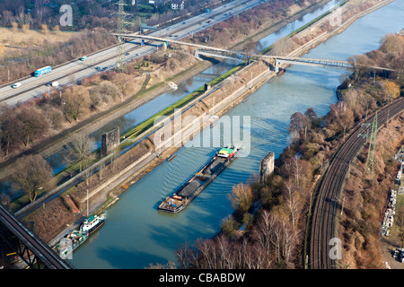 River Rhine along with train and motorway transport links near Bochum in the Ruhr area of North Rhine-Westphalia, Germany Stock Photo