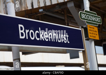 Signs at Brockenhurst railway station in the New Forest, Hampshire UK in June Stock Photo