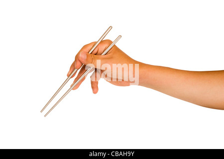 isolated man hand holding chopstick, with clipping path in jpg. Stock Photo