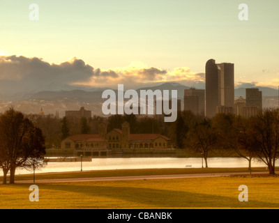 A view of Denver, Colorado downtown right before sunset. Stock Photo