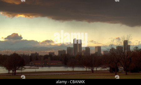 A view of Denver, Colorado downtown right before sunrise. Stock Photo