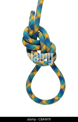 figure eight or flemish knot loop in green climbing rope isolated on white Stock Photo