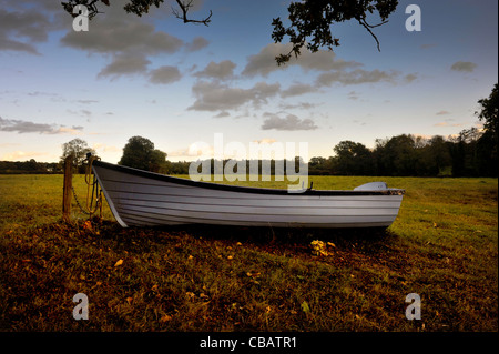 An old boat lies in the grass beside the lake at Newick Park Country House Hotel, East Sussex, UK. Stock Photo