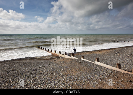 New groynes built as part of the sea defences on Tywyn beach Stock Photo