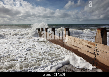 New groynes built as part of the sea defences on Tywyn beach Stock Photo