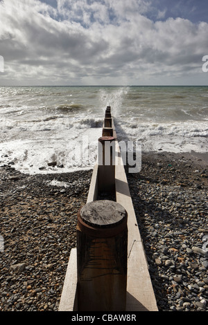 New groynes built as part of the sea defences on Tywyn beach Stock Photo