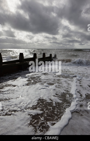 New groynes built as part of the sea defences on Tywyn beach, Gwynedd, Wales Stock Photo