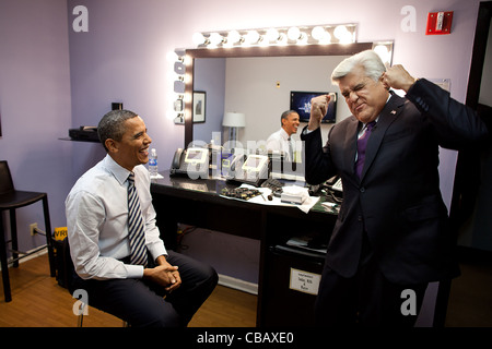 President Barack Obama and Jay Leno joke backstage before taping 'The Tonight Show with Jay Leno' October 25, 2011 in Burbank, CA. Stock Photo