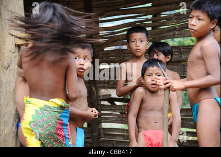 indian children at Embera Puru indigenous community in Panama Stock Photo