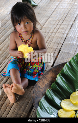 Embera indian little girl eating pineapple at Embera Puru indigenous community, Panama Stock Photo