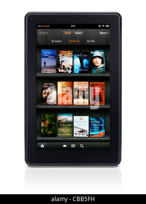 Amazon Kindle Fire tablet computer e-book reader displaying book shelf isolated on white background Stock Photo