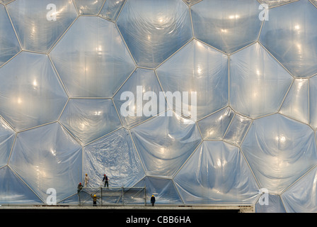 The 'Water Cube' (nickname for The Olympic Aquatics Center), with its famous bubble structure, during its construction in 2007. Stock Photo