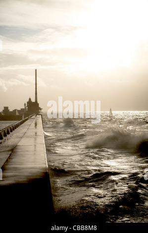 Waves hitting the northern dike, the digue nord, on a stormy winter day in Le Havre, Normandy, France Stock Photo