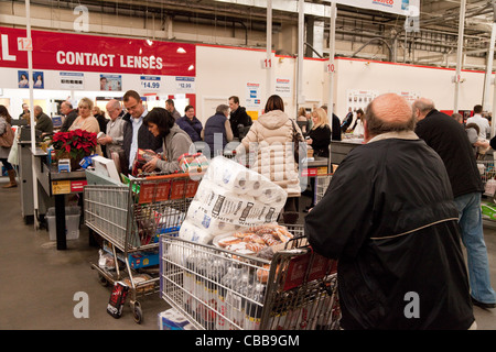 People at the checkout tills, Costco discount warehouse store, Intu Lakeside UK Stock Photo