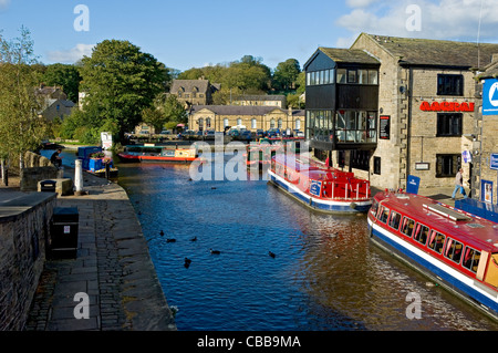 Looking down on narrow boats boat narrowboats in the canal basin Skipton North Yorkshire Dales National Park England UK United Kingdom GB Great Britai Stock Photo