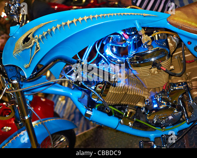 Customised Chopper motorcycle. Colorful and unusual fuel tank detail of a highly customized, award winning, Honda chopper motorcycle. Stock Photo