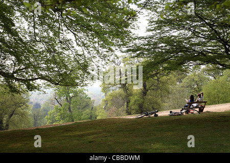 A young couple relax sitting on a hilltop bench in London's Richmond Park, London. Their bikes lye on the ground beside them. Stock Photo