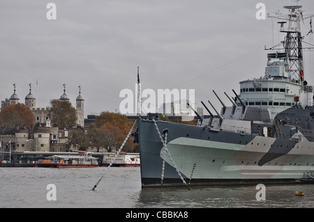 London: HMS 'Belfast' - museum ship, originally a Royal Navy light cruiser Stock Photo