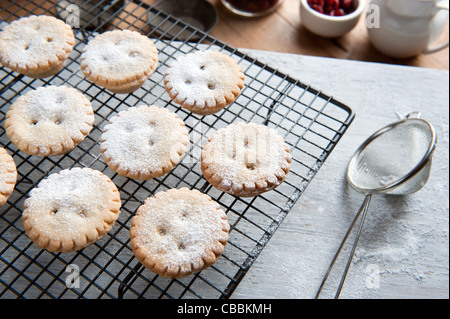 Freshly Baked Mince Pies on a Cooling Rack and Been Sprinkled With Icing Sugar Stock Photo