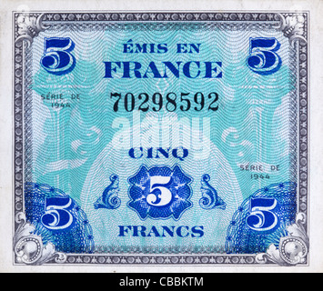 Obverse side of 1944 Supplemental French Franc Currency used by the Allied Forces in Europe during World War II Stock Photo