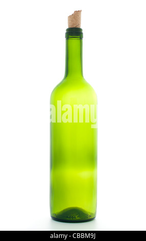 beautiful empty green wine bottle with wooden cork isolated on white Stock Photo