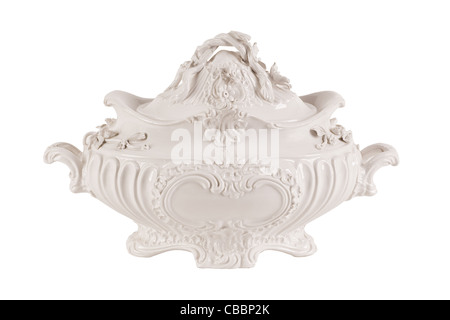 Old porcelain tureen rich in decor, baroque style Stock Photo