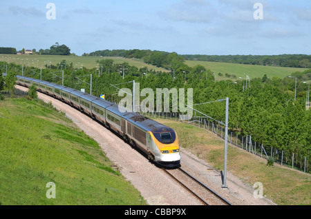 Eurostar train approaching the Channel Tunnel terminal at Folkestone, Kent, UK Stock Photo