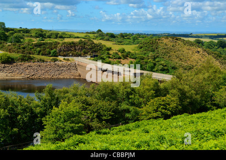 The dam at Meldon Reservoir from Okehampton Common in Dartmoor National Park near Okehampton, Devon, England. Stock Photo