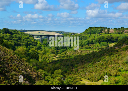 The path of the West Okement River downstream of Meldon Reservoir. In the distance is the viaduct of the disused Dartmoor Railway. Okehampton, Devon, England. Stock Photo