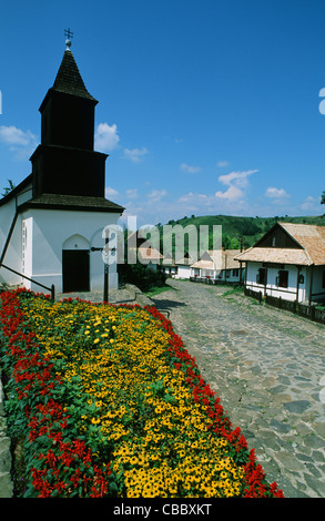 Village and church of Hollókő, a UNESCO world heritage site in northeast Hungary, Stock Photo