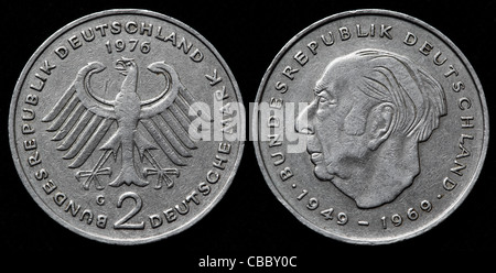 2 Deutsche Mark coin, Theodor Heuss, West Germany, 1976 Stock Photo