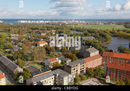 Aerial view over the western part of Amager, the island being part of Copenhagen. In the centre the famous Freetown Christiania Stock Photo