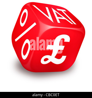 Red rolling dice with VAT, Percentage and British Sterling Symbols printed on its sides Stock Photo