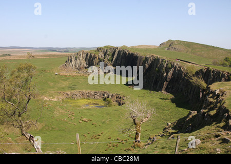A view from Hadrian's wall looking across Crag Lough. Stock Photo