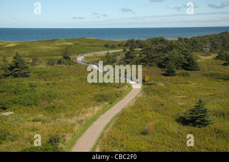 A walkway winds around which ends up at Greenwich, P.E.I. beach in Canada at the Greenwich, Prince Edward Island National Park. Stock Photo