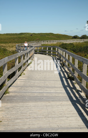 A woman walks along the walkway which ends up at Greenwich, P.E.I. beach in Canada at the Greenwich, Prince Edward Island Nation Stock Photo