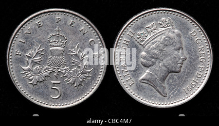 5 pence coin, UK, 1991 Stock Photo