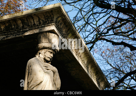 Telamon sculpture at the corner of the tomb of Major General William Casement in Kensal Green Cemetery, Kensal Green, London, UK Stock Photo