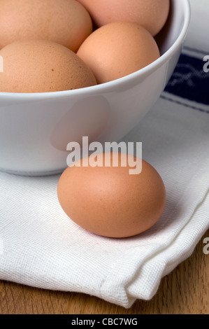 brown hens eggs in a white ceramic bowl on a linen tea towel Stock Photo