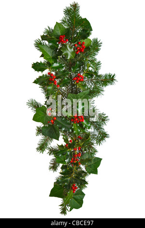 Photo of a straight Christmas garland with holly, red berries, ivy and spruce. Isolated on a white background. Stock Photo